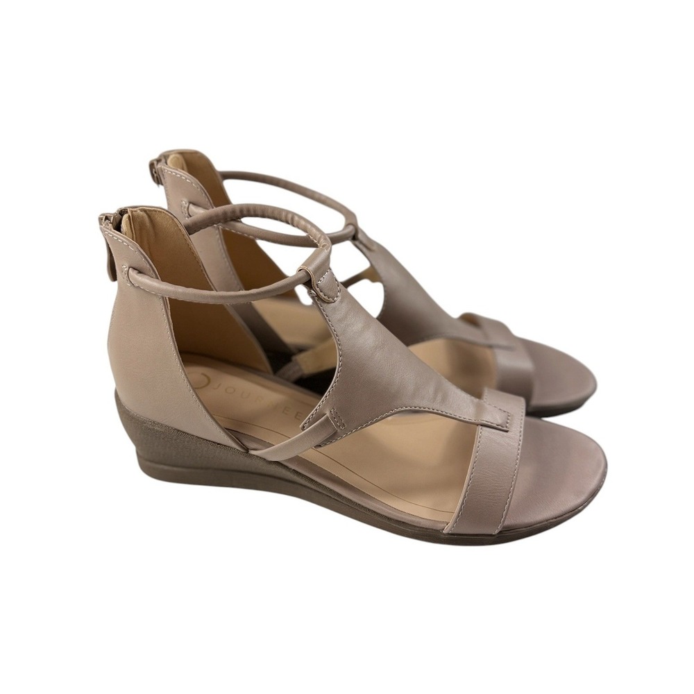 Journee Collection Trayle Taupe Wedge Sandals Womens 7.5 M T-Strap Ankle Zip NEW